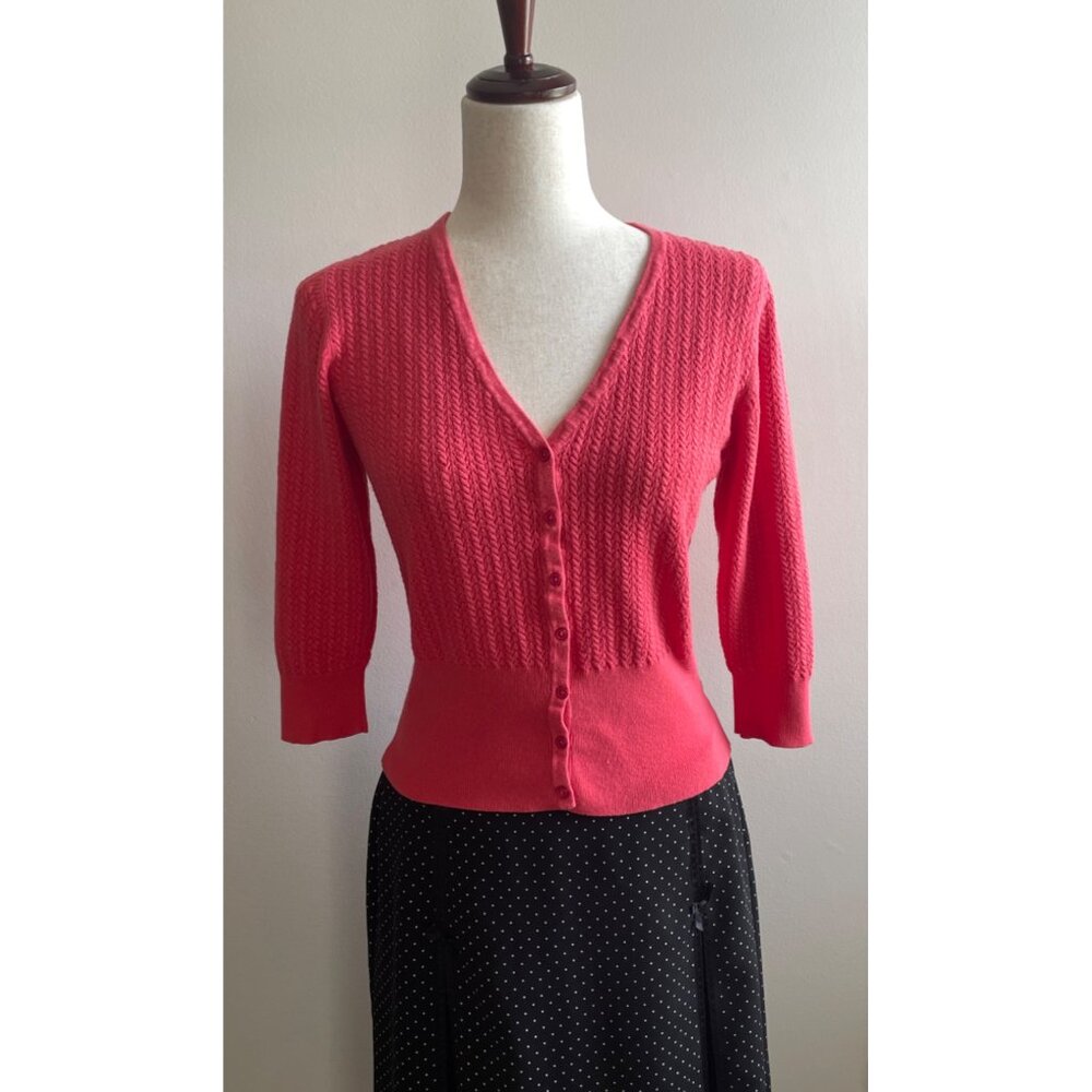 George V-Neck  Cardigan Sweater Womens M Coral 3/4 Sleeve Button Up Coquette Y2K